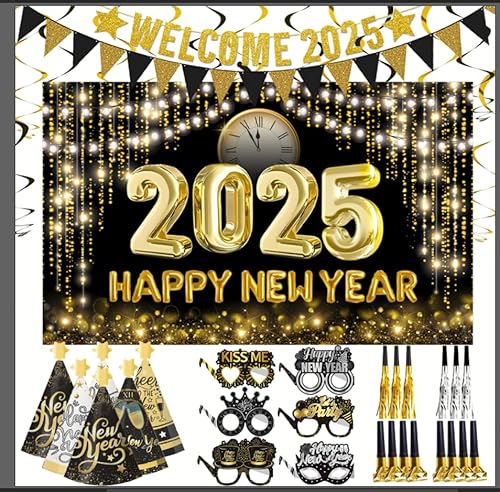 2025 Silvester Party Supplies Set, Großes Happy New Year 2025 Hintergrund Banner, Happy New Year Party Cone Hats, Welcome 2025 Banner, 2025 New Year Brillen und Party Gebläse von LECONCES