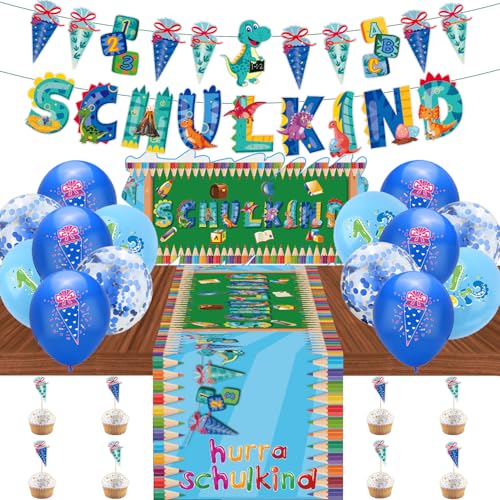 Einschulung Deko Junge, SCHULKIND 2024 Deko Set, SCHULKIND Girlande, Zuckertüten Banner, HURRA SCHULKIND Tischdecken, 15 Luftballons mit ABC 123, 8 Einschulung Torten Deko Blau von LECONCES