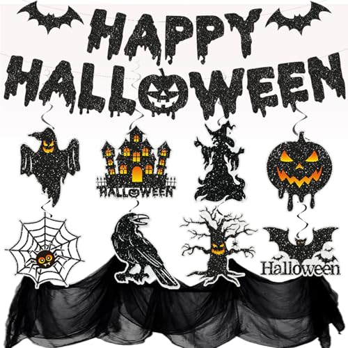 Halloween Deko Set XXL- Gruselig Halloween Dekostoff Tuch Glitzer Happy Halloween Girlande, Spiralen Deckendeko, Horror Halloween Deko von LECONCES