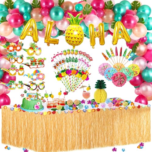 170 Hawaii Party Dekoration Set, Hawaii Deko Tiki Bar Deko Hawaii Luau Tischröcke Ballons Arch Kit, ALOHA Girlande, Blüten, Künstliche Palmenblätter, Hawaiian Papierbrille, Sommer Party Dekoration von LECONCES