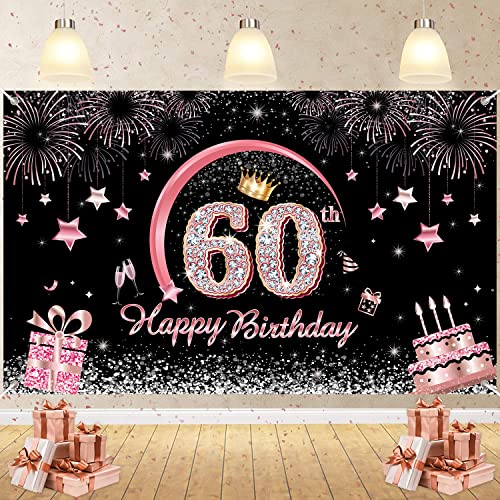 LECONCES 60. Roségold Geburtstag Party Dekorationen für Frauen, Happy 60th Birthday Hintergrund und Tür Banner Dekorationen, 60 Jahre alt Geburtstag Party Supplies Stoffbanner für Geburtstag Jahrestag von LECONCES