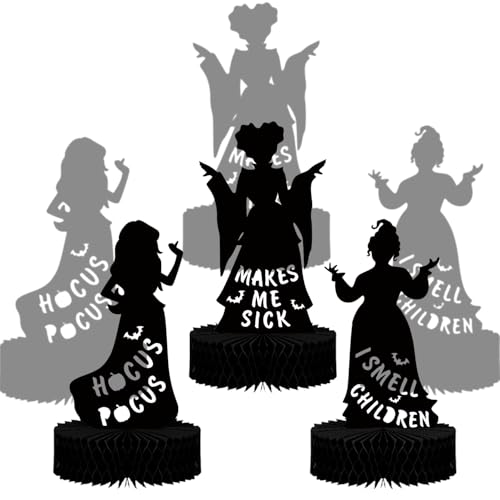 LECONCES Hocus Pocus Halloween-Dekorationen für den Innenbereich, 3 Stück Halloween-Hexen, Papier-Waben-Mittelstücke, Halloween-Silhouette, Tischdekoration, Halloween-Dekorationen für Büro und Zuhause von LECONCES