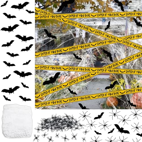 LECONCES Spinnennetz Halloween Deko Set - Realistisch Spinnweben Deko mit 30 Plastik Spinnen Halloween Fledermaus Dekoration Halloween Warnbänder Horror Gruselige Spinnennetz Deko für Outdoor Indoor von LECONCES