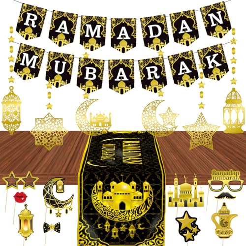 Ramadan Deko Set - Eid Dekoration Ramadan Mubarak Banner, Ramadan Girlande, Ramadan Foto-Requisiten, Ramadan Mubarak Tischläufer, Gold Stern Mond Ramadan Dekorationen für Eid Festival Party Dekoration von LECONCES