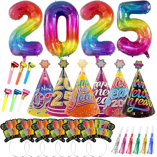 Regenbogen Silvester Dekorationen 2025, Happy New Year Dekorationen 2025, 2025 Folienballons Silvester Party Hüte Stirnband Party Gebläse für Silvester Party Supplies von LECONCES