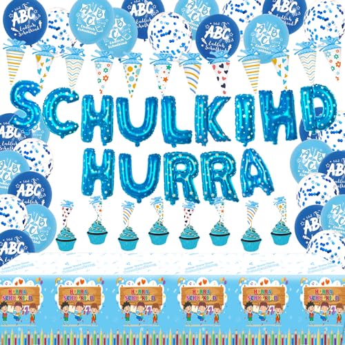 Schulanfang Einschulung Deko Jungen, Schulanfang Tisch Dekoration HURRA SCHULKIND Girlande + 8 Einschulung Torten Deko + Zuckertüten Girlande + 15 Luftballons mit ABC + 1 Schulanfang Tischdecken Blau von LECONCES