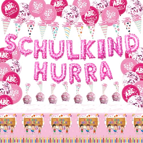 Schulanfang Einschulung Deko Mädchen, Schulanfang Tisch Dekoration HURRA SCHULKIND Girlande + 8 Einschulung Torten Deko + Zuckertüten Girlande + 15 Luftballons mit ABC+ 1 Schulanfang Tischdecken Rosa von LECONCES