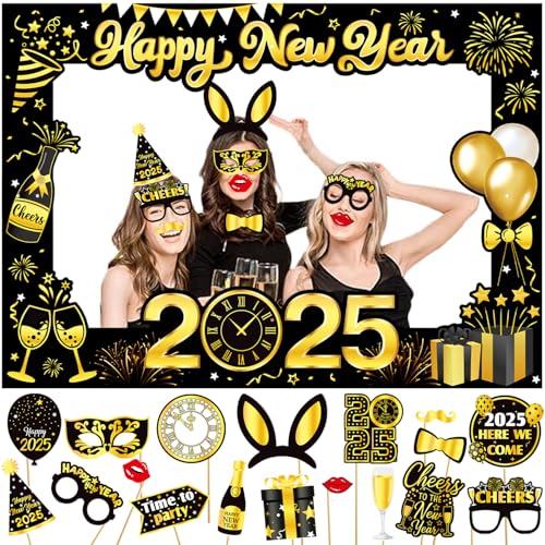 Silvester Deko 2025, Silvester Foto Requisiten XXL Silvester Fotorahmen Bilderrahmen Schwarzes Gold, Neujahr Photo Booth Props Fotobox Accessoires Silvester Party Zubehör von LECONCES