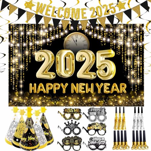 Silvester Deko 2025 Neujahr Party Dekoration Set, XXL Happy New Year 2025 Deko, Neujahr Partyhüte Silvester Partybrille Neujahr Partytröten, Welcome 2025 Girlande, 2025 Neujahr Dekoration Set. von LECONCES