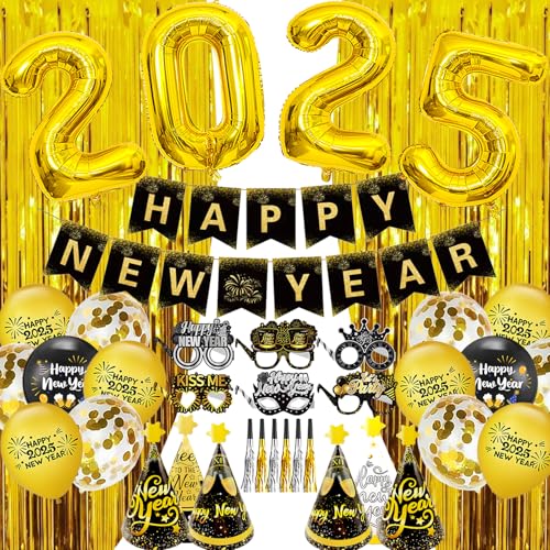 Silvester Deko 2025 Schwarz Gold Neujahr Dekoration Set Silvester Banner 2025 Ballon XXL Neujahr Partyhüte Silvester Papierbrille Neujahr Partytröten Neujahr Party Deko für Silvester Dekoration von LECONCES