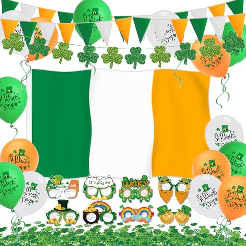 St. Patrick's Day Dekorationen, irisches Zubehör, Irland-Flagge, 7 m, irischer Wimpel, Banner, Kleeblatt-Girlande, 8 Stück, Papier-Latex-Luftballons für St. Paddys Day Dekorationen, Irish Paddy's Day von LECONCES