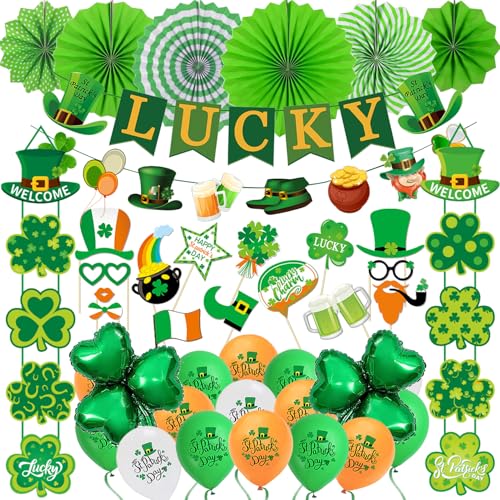 St. Patrick's Day Dekorationen Set St. Patricks Day Zubehör, Irische Kleeblätter Hängende Dekorationen St. Patricks Day Luftballons Glücksbanner Irish Photo Booth Requisiten für Irish Paddy's Day von LECONCES