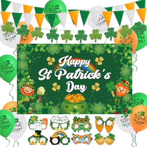 St. Patricks Day Dekorationen Irisches Zubehör, großes St. Patrick's Day Hintergrundbanner 7 m irischer Wimpel Banner Kleeblatt Girlande 8 Stück Gläser Papier Latex Ballons für Irish Paddy's Day von LECONCES