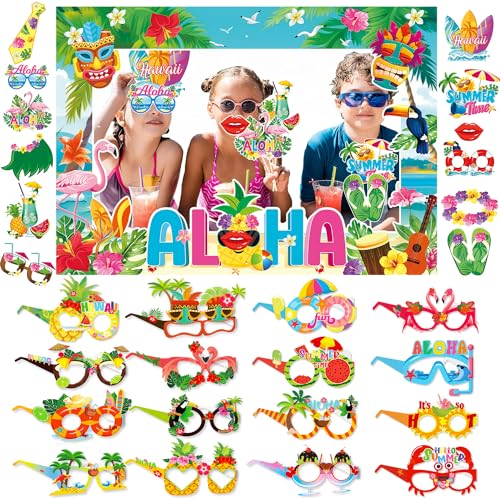 Tropische Luau Party Photo Booth Requisiten Dekoration, Hawaii Themed Pool Party Dekorationen, Riesiger Aloha Party Selfie Rahmen, Hawaii Lustige Brille Luau Party Papiergläser für Strandparty von LECONCES