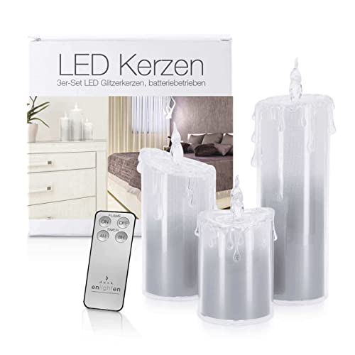 LED Universum - LED Acryl Glitzerkerzen Set „Liza“, 13,5 cm | 17 cm | 24 cm, inkl. IR-Fernbedienung & Timer, Batteriebetrieben je 3 x AAA (nicht inkl.) (3er Set Silber) von LED Universum