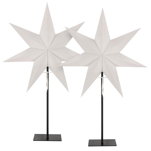 LED Universum - Papier Weihnachtsstern 2er Set Tischleuchte Standstern weiß, schwarzer Metallfuß, Dekostern mit Kabelschalter, E14 Fassung, 75cm Höhe, 55cm Breite von LED Universum