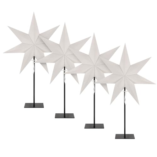 LED Universum - Papier Weihnachtsstern 4er Set Tischleuchte Standstern weiß, schwarzer Metallfuß, Dekostern mit Kabelschalter, E14 Fassung, 75cm Höhe, 55cm Breite von LED Universum