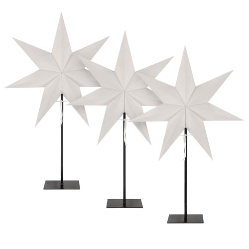 LED Universum - Papier Weihnachtsstern Tischleuchte Standstern weiß, Metallfuss, Dekostern mit Kabelschalter, E14 Fassung, 51cm Höhe (weiß/schwarz - eckiger Fuß, 3 Stück) von LED Universum