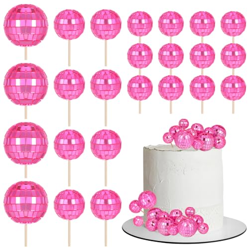 24 Stück Discokugel-Kuchenaufsätze, Discokugeln, Cupcake-Topper, Partyzubehör für Weihnachten, Neujahr, Party-Dekorationen (Rosa) von LEEMASING