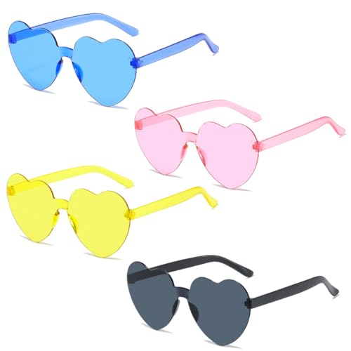 LEEQ 4 PCS Hippie Herzförmige Brille - Herz Hippie Sonnenbrille Randlos Candy Transparent Sonnenbrille Retro Hippie Bunte Brille für Kostüm Zubehör für Cosplay 70er Jahre Party von LEEQ