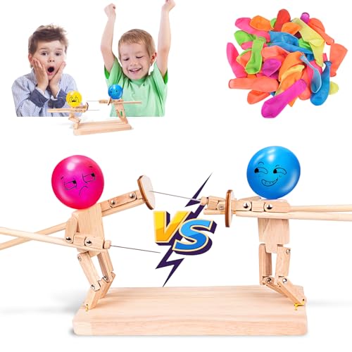 Balloon Bamboo Man Battle, Bamboo Man Fight Game, Holz-Bots-Kampfspiel Mit 50 Luftballons, Handmade Wooden Fencing Puppets, Ballon Fechten Tabletop Spiele für Party, Familienspiele von LEEWENYAN