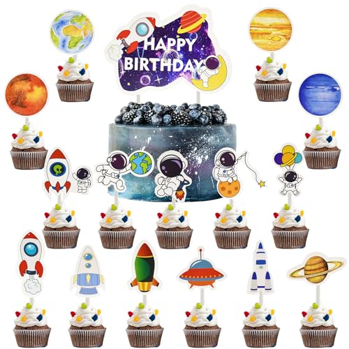 Weltraum Astronauten Tortendeko Geburtstag Planeten Muffin Deko Weltraumthema Cupcake Deko Astronauten Raketen Planet Cake Topper zum Geburtstag Cupcake-Aufsätze für Jungen Kinder von LEEWYOU