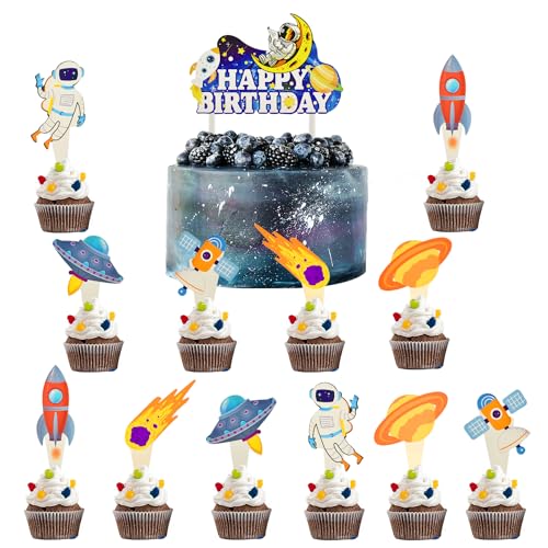 Weltraum Astronauten Tortendeko Geburtstag Planeten Muffin Deko Weltraumthema Cupcake Deko Astronauten Raketen Planet Cake Topper zum Geburtstag Cupcake-Aufsätze für Jungen Kinder von LEEWYOU