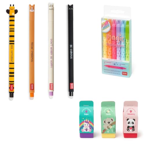 LEGAMI - Set mit 6 radierbaren Textmarkern, Magic Highlighters, Doppelspitze zum Markieren und Radieren, 4er Set Gelstifte Wildlife, 3er Set duftende Radiergummies (Bundle1) von LEGAMI