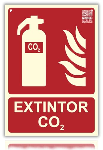 Feuerlöschschild Co2, zugelassen, 21 x 30 cm, Klasse B D≤ 10 m, leuchtendes PVC, Nachhaltigkeitsschild, Photolumineszenz-Schild, Feuerlöscher, Co2-Schild, Feuerlöscher, zertifiziert von LEIASA