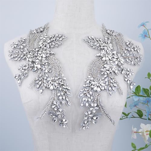 1 Paar handgefertigte Perlen-Strass-Applikationen, zum Aufnähen auf Kristall-Blumen-Spitze, mehrfarbige Paare für DIY-Kleidung, Hochzeitskleid, Heimdekoration (Silber) von LEIDE