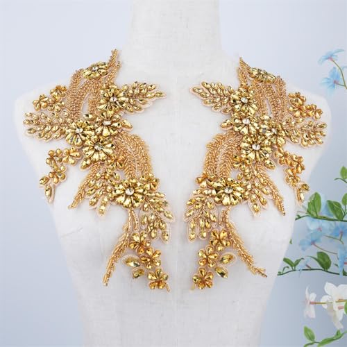 1 Paar handgefertigte Perlen-Strass-Applikationen, zum Aufnähen auf Kristall-Blumen-Spitzen-Aufnäher, mehrfarbige Paare für DIY-Kleidung, Hochzeitskleid, Heimdekoration (Gold) von LEIDE