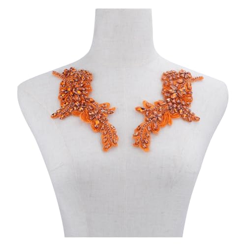 1 Paar handgefertigte Perlen Strass DIY Kleidung Applikationen Patch Blätter Blume Applikation Patch für Hochzeitskleid Dekoration (Orange) von LEIDE