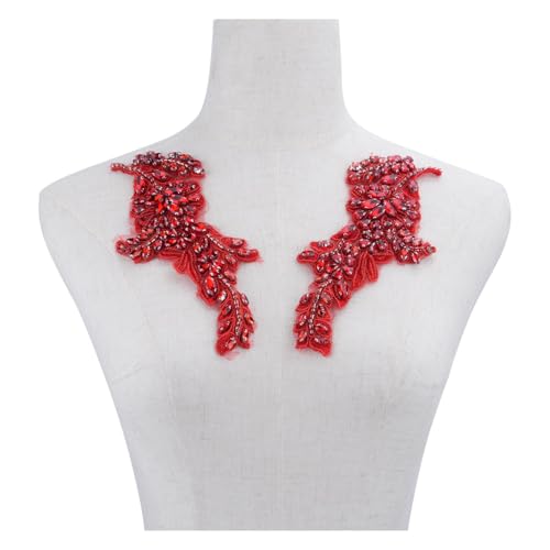 1 Paar handgefertigte Perlen Strass DIY Kleidung Applikationen Patch Blätter Blume Applikation Patch für Hochzeitskleid Dekoration (rot) von LEIDE