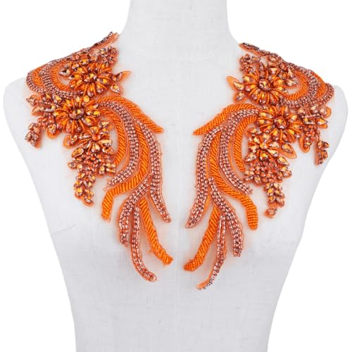 1 Paar handgefertigte Perlen Strass DIY Kleidung Applikationen Patch Blume Applikation Patch für Hochzeitskleid Dekoration (Orange) von LEIDE