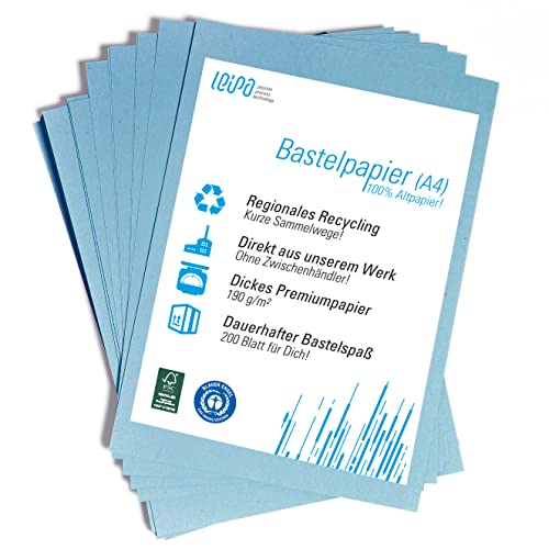 200 Blatt recyceltes Buntpapier Basteln Blau Bunt Pappe Blätter für Kinder A4 190g/m² LEIPA Manila-Karton Dekorieren, Tonpapier Bastel-Papier Bastelset Malblock, Vintage/Retro (Blau) von LEIPA passion progress technology