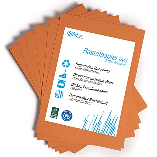 200 Blatt recyceltes Buntpapier Basteln Orange Bunt Pappe Blätter für Kinder A4 190g/m² LEIPA Manila-Karton Dekorieren, Tonpapier Bastel-Papier Bastelset Malblock, Vintage/Retro (Orange) von LEIPA passion progress technology