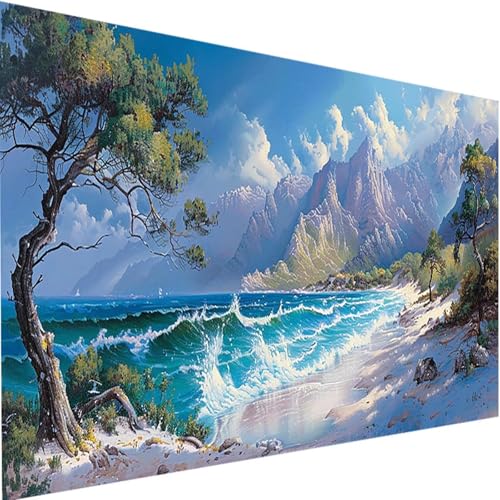 Malen Nach Zahlen Erwachsene Strand, Malen Nach Zahlen Bastelset Erwachsene, DIY Malen Nach Zahlen Kinder Berg mit Pinseln und Acrylfarben Handgemalt Ölgemälde Set, Haus Deko mit Rahmen 90x180cm t-W von LEIRUIMO