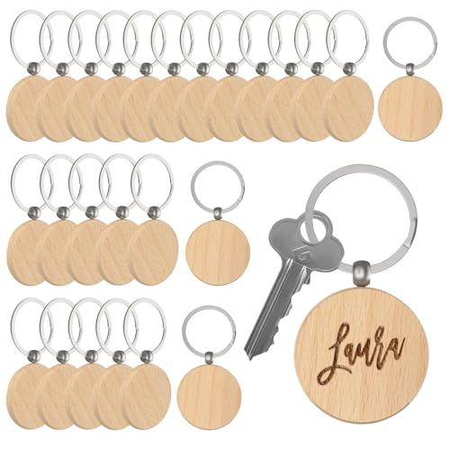 LEKEFETO 26 Stück Schlüsselanhänger Holz: Blanko Rund Schlüsselring, Wooden Keychain Schlüsselring, Personalisierte DIY Leer Holzschlüsselanhänger für DIY Schnitzen, Dekoration, Geschenke, Malen von LEKEFETO