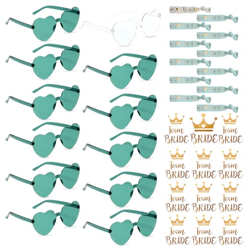 LEKEFETO JGA Brille Team Braut Armbänder 12 Stück Herz Sonnenbrille mit 12 Bride Armband und 12Bride Tattoo Aufkleber, Jungesellinnenabschied Frau Accessoires, JGA Deko Accessoires von LEKEFETO