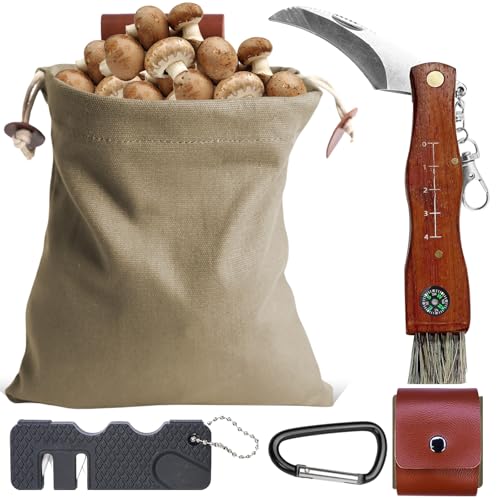 LEKEFETO Pilzmesser mit Bürste und Lineal: Pilz Jagdtasche, Pilzmesser mit Bürste, Taschenmesser mit Canvas Schwammerlmesser, Klappmesser Messer Netzfuttertasche, Khaki von LEKEFETO