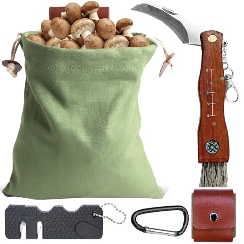 LEKEFETO Pilzmesser mit Bürste und Lineal: Pilz Jagdtasche Pilzmesser mit Bürste Taschenmesser mit Canvas Schwammerlmesser Klappmesser Messer Netzfuttertasche von LEKEFETO