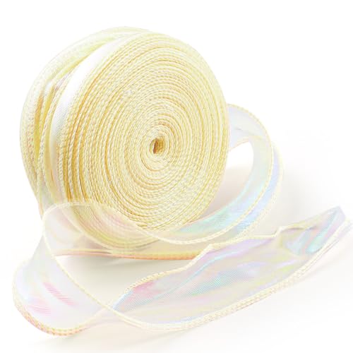 LELE LIFE 1 Rolle 4cm x 45.7m schillerndes Organzaband, Glitzer Tüll Chiffonband für Blumenstrauß Geschenkverpackung Hochzeit Basteln Schleifen, Beige von LELE LIFE