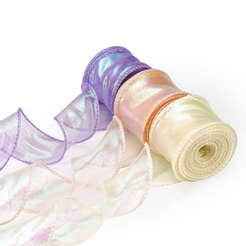 LELE LIFE 3 Rollen 4cm x 9.1m schillerndes Organzaband, Glitzer Tüll Chiffonband für Blumenstrauß Geschenkverpackung Hochzeit Basteln Schleifen, Lila+Champagner Rosa+Beige von LELE LIFE