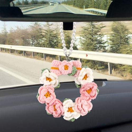 LELE LIFE Häkelgirlande, niedliches Auto-Hänge-Zubehör, Rückspiegel-Charm-Perlenkette, Häkelblume, Damen, ästhetische Auto-Dekorationen, Innen-Boho-Anhänger, Dekor, Rosa (Rosa) von LELE LIFE