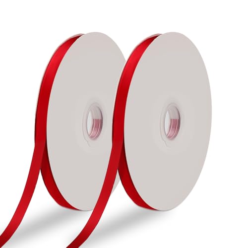 LELE LIFE Satinband, doppelseitig, 9 mm x 91 m, dünnes Seidenband für Geschenkverpackungen, Blumenstrauß, Basteln, Schleifen, Hochzeit, Party, Weihnachten, 2 Rollen (rot) von LELE LIFE