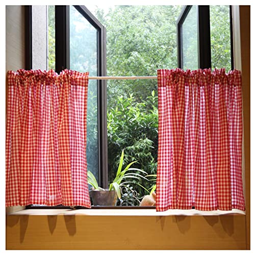 Scheibengardine Rot-weiß Karierter Bistrogardine, amerikanisches Landhaus-Baumwoll-Küche Kurzgardine, rustikaler Bauernhaus-Privatsphäre Gardine, 2 Paneele (Color : Red Check, Size : WxH 115x70cm/45 von LELELE STORE