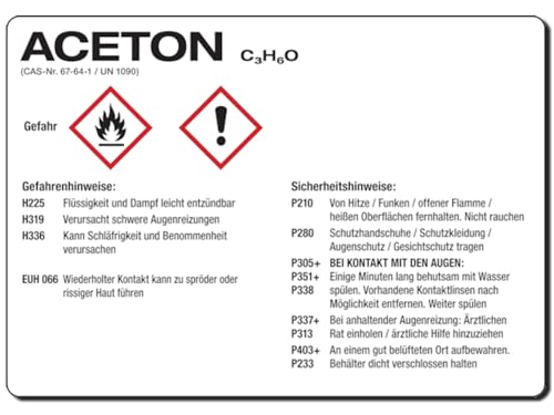 LEMAX® Gefahrstoffetikett Aceton, Aufkleber 105x74mm, mit H- und P-Sätzen/GHS/CLP/GefStoffV, UN 1090 von LEMAX