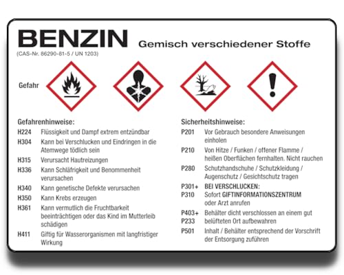 LEMAX® Gefahrstoffetikett Benzin, Aufkleber 148x105 mm, mit H- und P-Sätzen/GHS/CLP/GefStoffV, UN 1203 von LEMAX