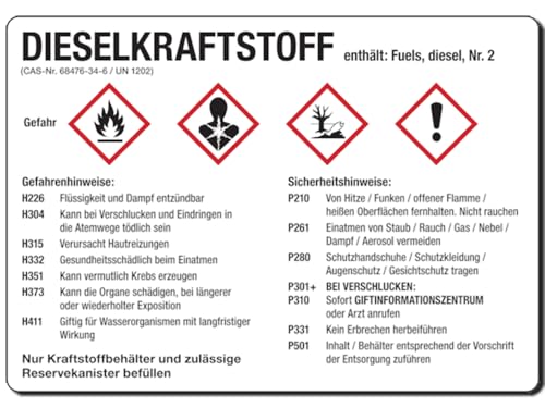 LEMAX® Gefahrstoffetikett Dieselkraftstoff, Aufkleber 148x105 mm, mit H- und P-Sätzen/GHS/CLP/GefStoffV, UN 1202 von LEMAX