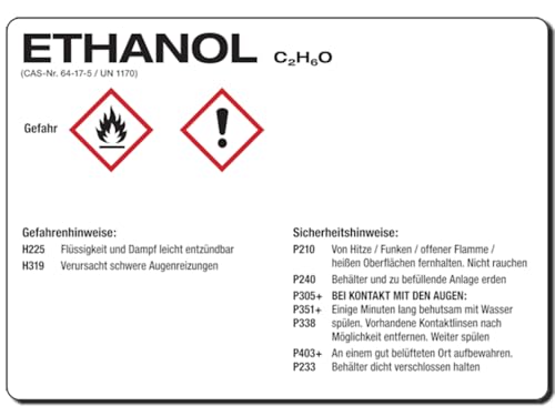 LEMAX® Gefahrstoffetikett Ethanol, Aufkleber 105x74mm, mit H- und P-Sätzen/GHS/CLP/GefStoffV, UN 1170 von LEMAX